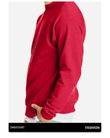 Red sweatshirt worn by a person on a white background