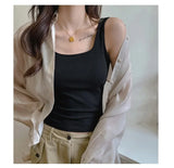 Backless Tank Tops with Built in Bra Women Summer White Sexy Square Neck Sleeveless Tops Ladies Black Camisole Tanks