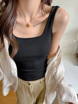 Backless Tank Tops with Built in Bra Women Summer White Sexy Square Neck Sleeveless Tops Ladies Black Camisole Tanks