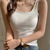 Backless Tank Tops with Built in Bra Women Summer White Sexy Square Neck Sleeveless Tops Ladies Black Camisole Tanks