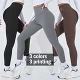 Three pairs of leggings in black, gray, and brown with a brand logo on a white background.