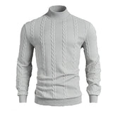 Gray men's high collar knit sweater by Athletic Sanctuary featuring cable knit pattern, slim fit winter pullover.