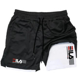 Black and white shorts with FILA logo on a white background