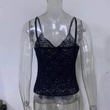 Black lace camisole on a transparent mannequin against a white background