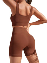 Brown ribbed sports bra and shorts set on a white background
