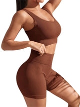 Brown ribbed sports bra and shorts set on a white background