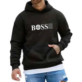 Black hoodie with 'BOSS' logo worn by a person on a white background