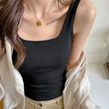 Backless Tank Tops with Built in Bra Women Summer White Sexy Square Neck Sleeveless Tops Ladies Black Camisole Tanks