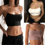 Three images of women wearing different color crop tops on a white background.