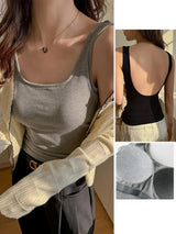 Backless Tank Tops with Built in Bra Women Summer White Sexy Square Neck Sleeveless Tops Ladies Black Camisole Tanks