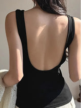 Backless Tank Tops with Built in Bra Women Summer White Sexy Square Neck Sleeveless Tops Ladies Black Camisole Tanks