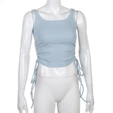 Ruched Sleeveless Tank Tops Tees Women Solid Casual Fashion Crop Top Ladies High Street Tie Up Croptop Summer Fitness