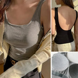 Backless Tank Tops with Built in Bra Women Summer White Sexy Square Neck Sleeveless Tops Ladies Black Camisole Tanks