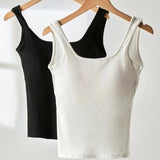 Backless Tank Tops with Built in Bra Women Summer White Sexy Square Neck Sleeveless Tops Ladies Black Camisole Tanks