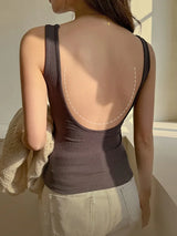 Backless Tank Tops with Built in Bra Women Summer White Sexy Square Neck Sleeveless Tops Ladies Black Camisole Tanks