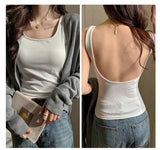 Backless Tank Tops with Built in Bra Women Summer White Sexy Square Neck Sleeveless Tops Ladies Black Camisole Tanks