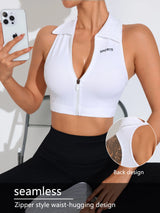 White sports bra with zipper design worn by a person, with a focus on the back design.