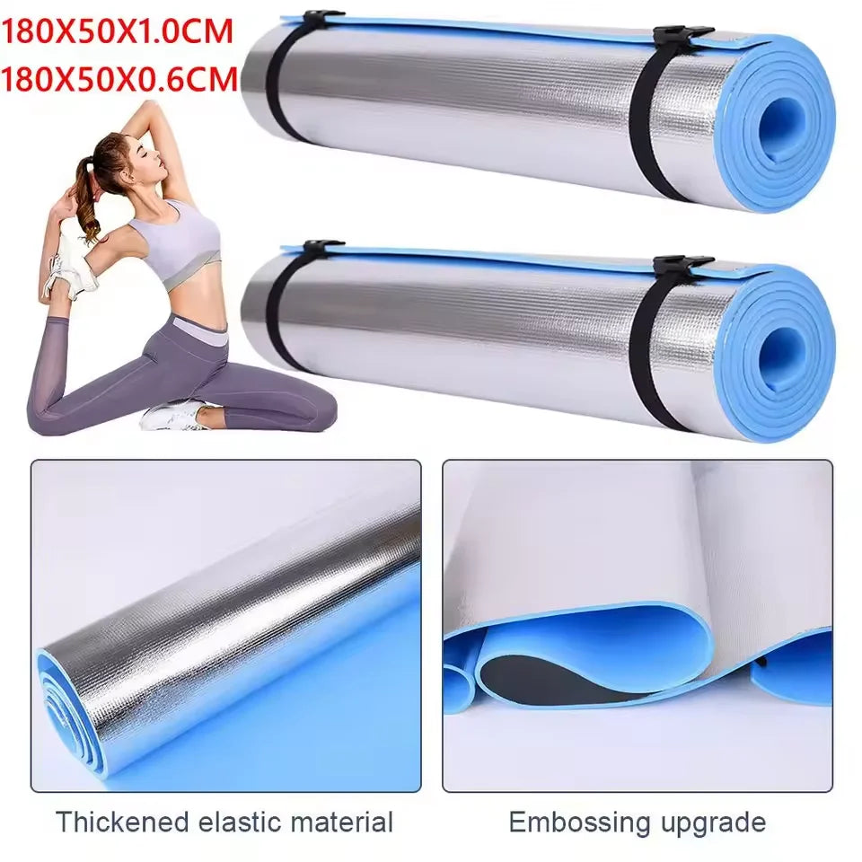 Athletic Sanctuary 10mm EVA yoga mat with thick, anti-slip surface for exercise and camping activities, shown rolled out on a wooden floor.