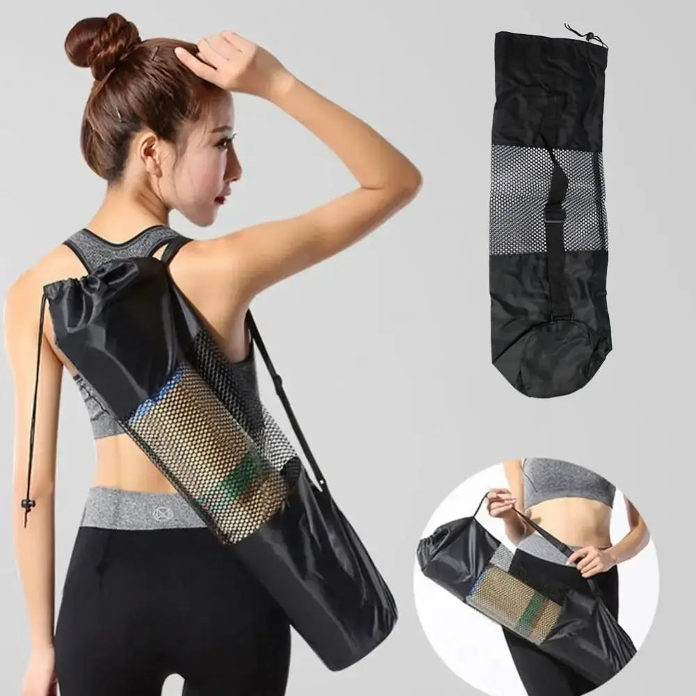 Athletic Sanctuary portable yoga mat bag with breathable mesh design and strap for easy carrying and storage.