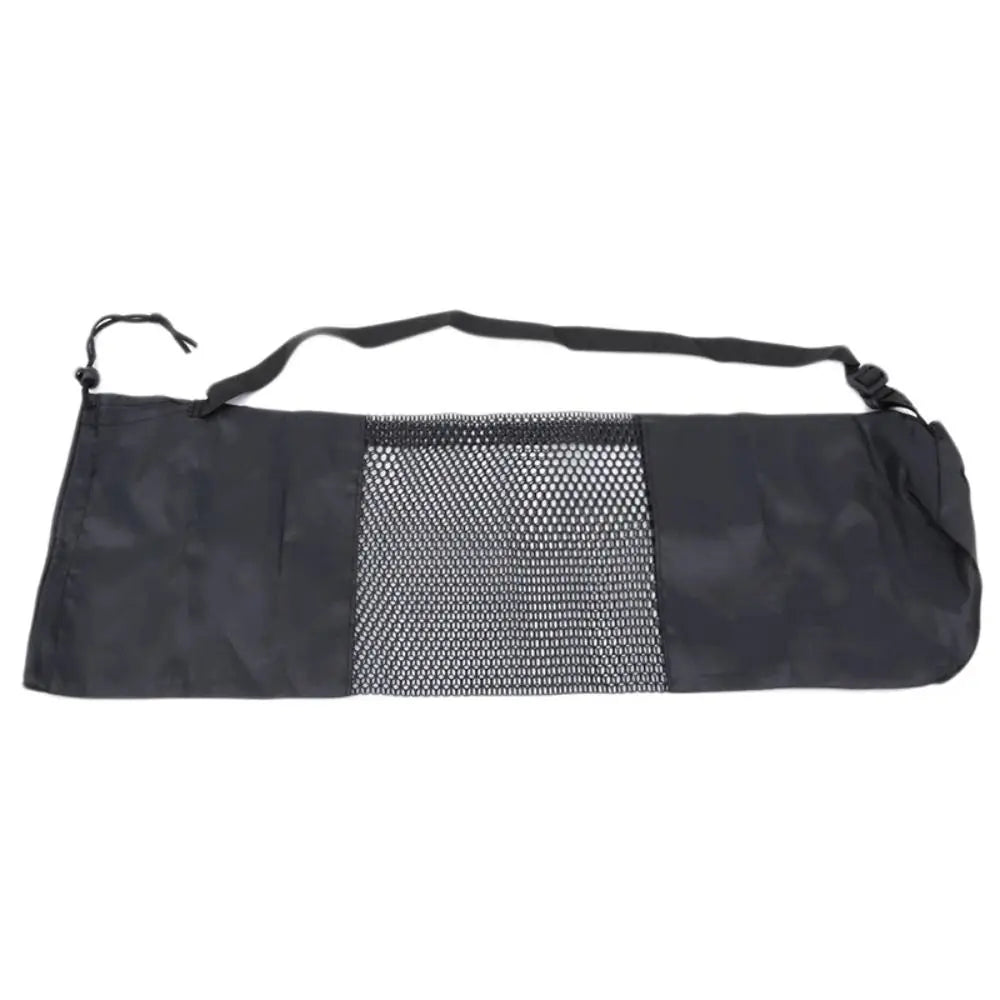 Black Athletic Sanctuary portable yoga mat bag with breathable mesh side and adjustable strap for easy carrying.