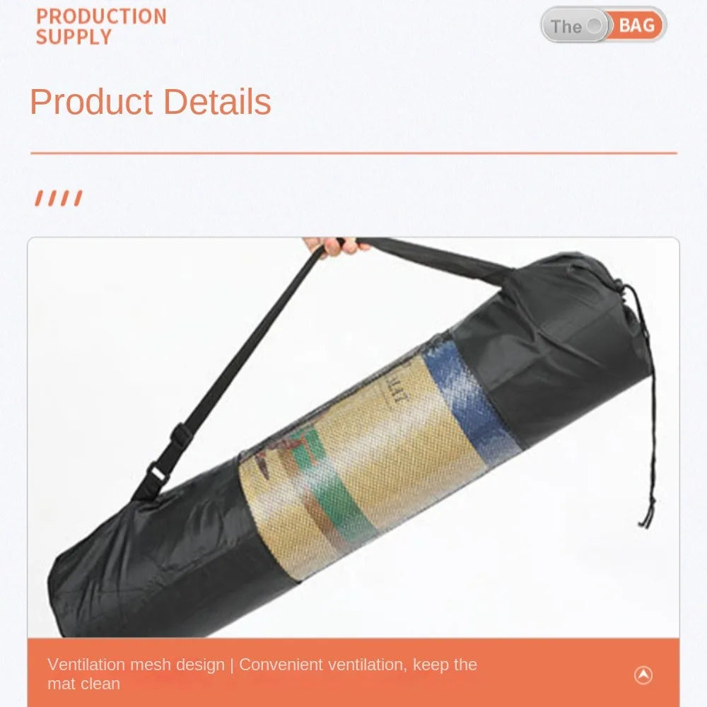 Athletic Sanctuary portable yoga mat bag with breathable mesh material and adjustable strap, designed for easy carrying of yoga mats.