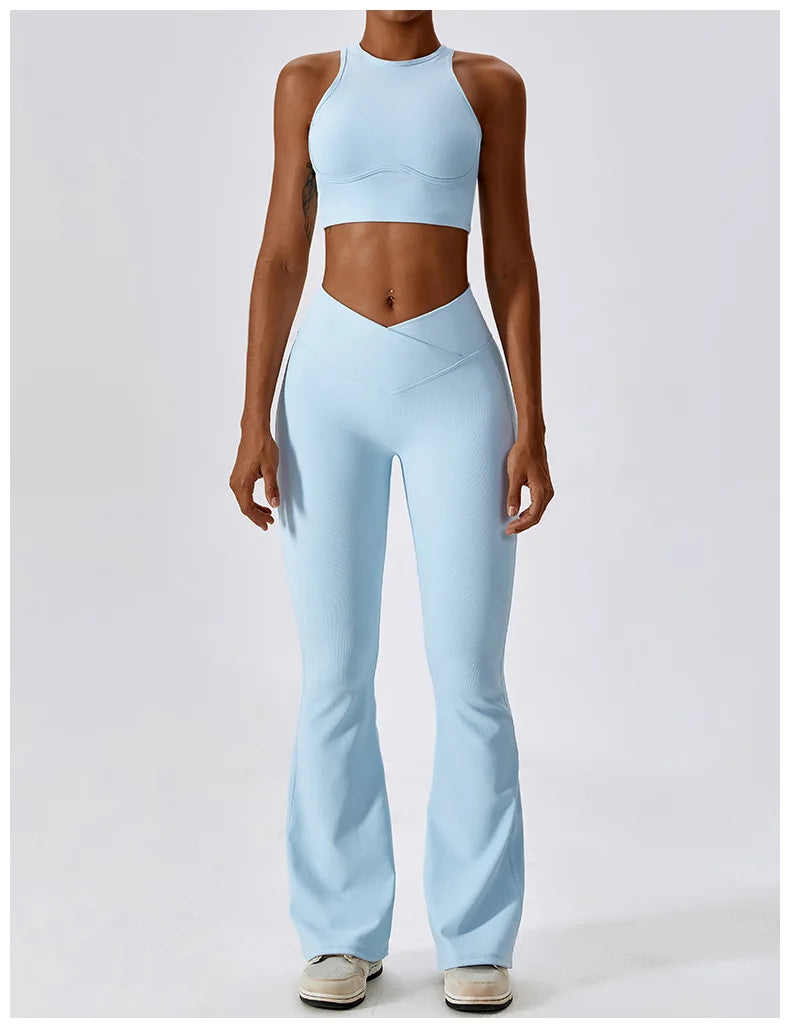 Women’s high-waist flared leggings from Athletic Sanctuary featuring a sculpting, flowy fit and stretchy performance fabric.
