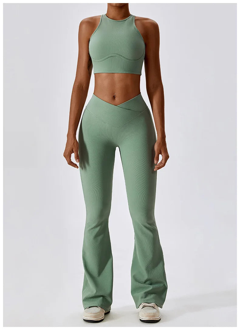 Women’s high-waist flared leggings by Athletic Sanctuary, showcasing a sculpted fit and flowing design in a stylish athletic look.