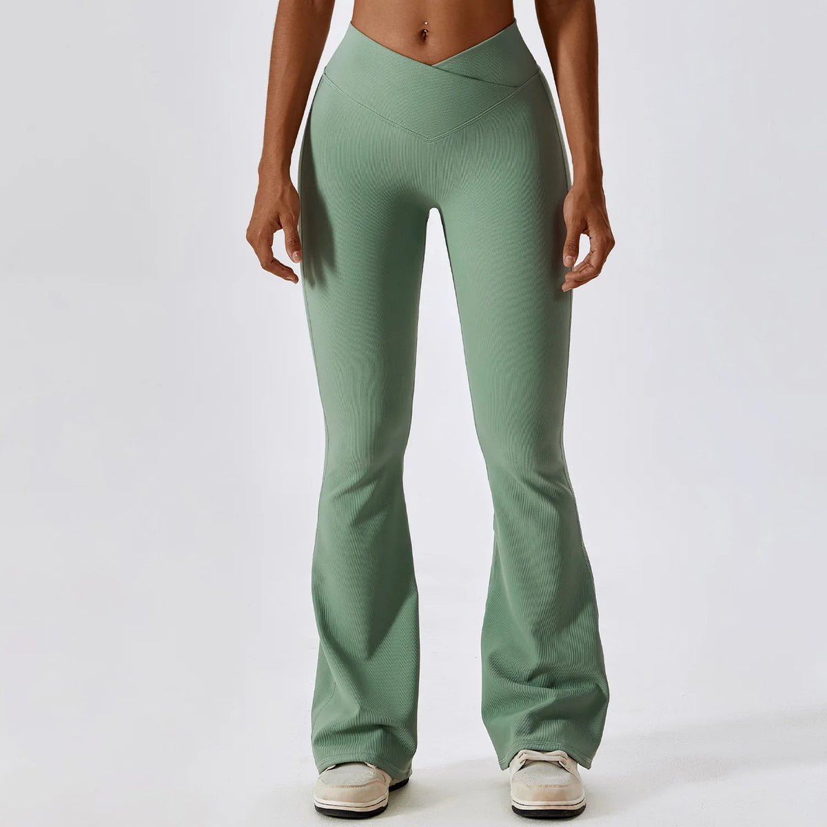 Women’s high-waist flared leggings by Athletic Sanctuary, showcasing a snug fit, sculpting fabric, and a flowing flare at the hem.