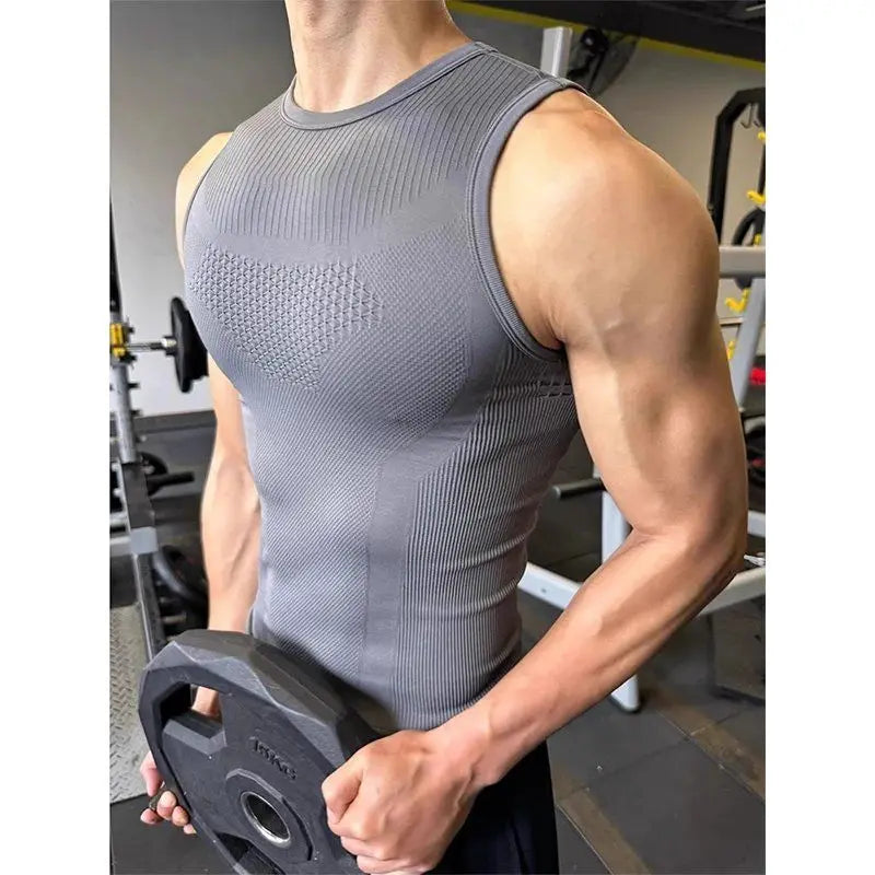 Man wearing Athletic Sanctuary men's seamless ribbed gym tank top during workout, showcasing quick-dry, muscle fit athletic vest.