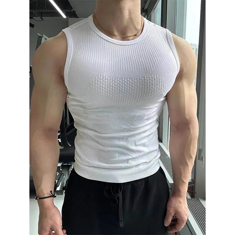 Men’s seamless ribbed gym tank top by Athletic Sanctuary, quick-dry muscle fit workout vest, close-up of fitted, breathable fabric