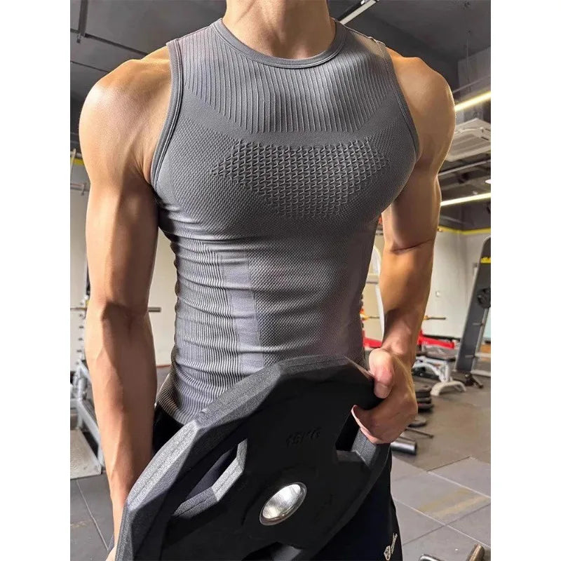 Men’s seamless ribbed gym tank top by Athletic Sanctuary, quick-dry muscle fit workout vest in a gym setting.