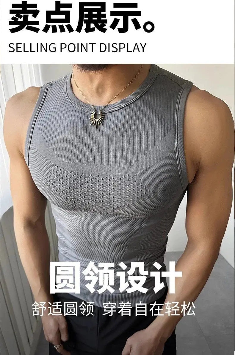 Men’s seamless ribbed gym tank top by Athletic Sanctuary, quick-dry muscle fit workout vest, shown in black with a close-up of the fabric.