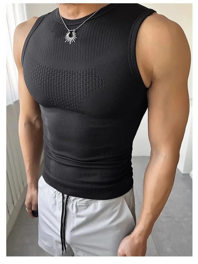 Men’s seamless ribbed gym tank top by Athletic Sanctuary, quick-dry muscle fit workout vest, shown in black fabric.