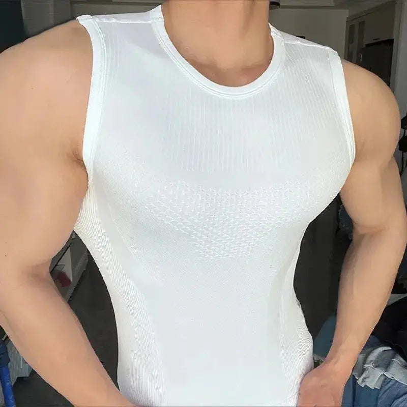 Men’s seamless ribbed gym tank top from Athletic Sanctuary, quick-dry muscle fit workout vest, shown in black with moisture-wicking fabric.