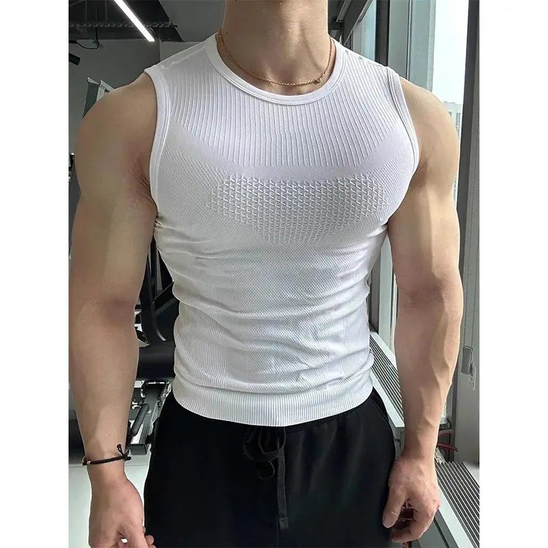 Men’s seamless ribbed gym tank top by Athletic Sanctuary, quick-dry muscle fit workout vest, shown in black with breathable fabric.