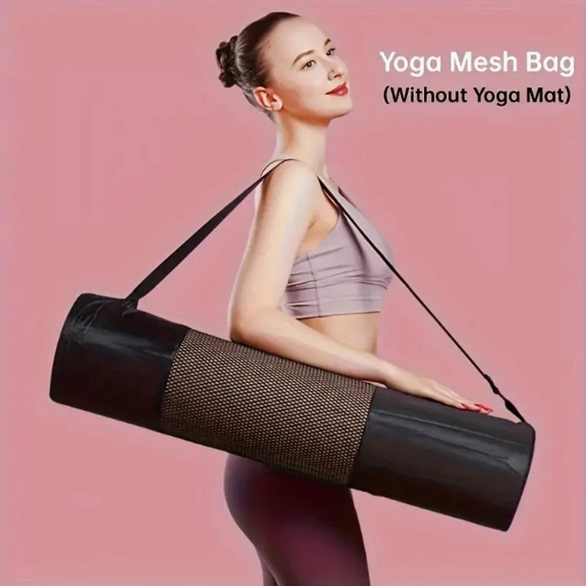 Woman holding a breathable Oxford fabric yoga mat bag with strap, designed for carrying yoga mats easily.