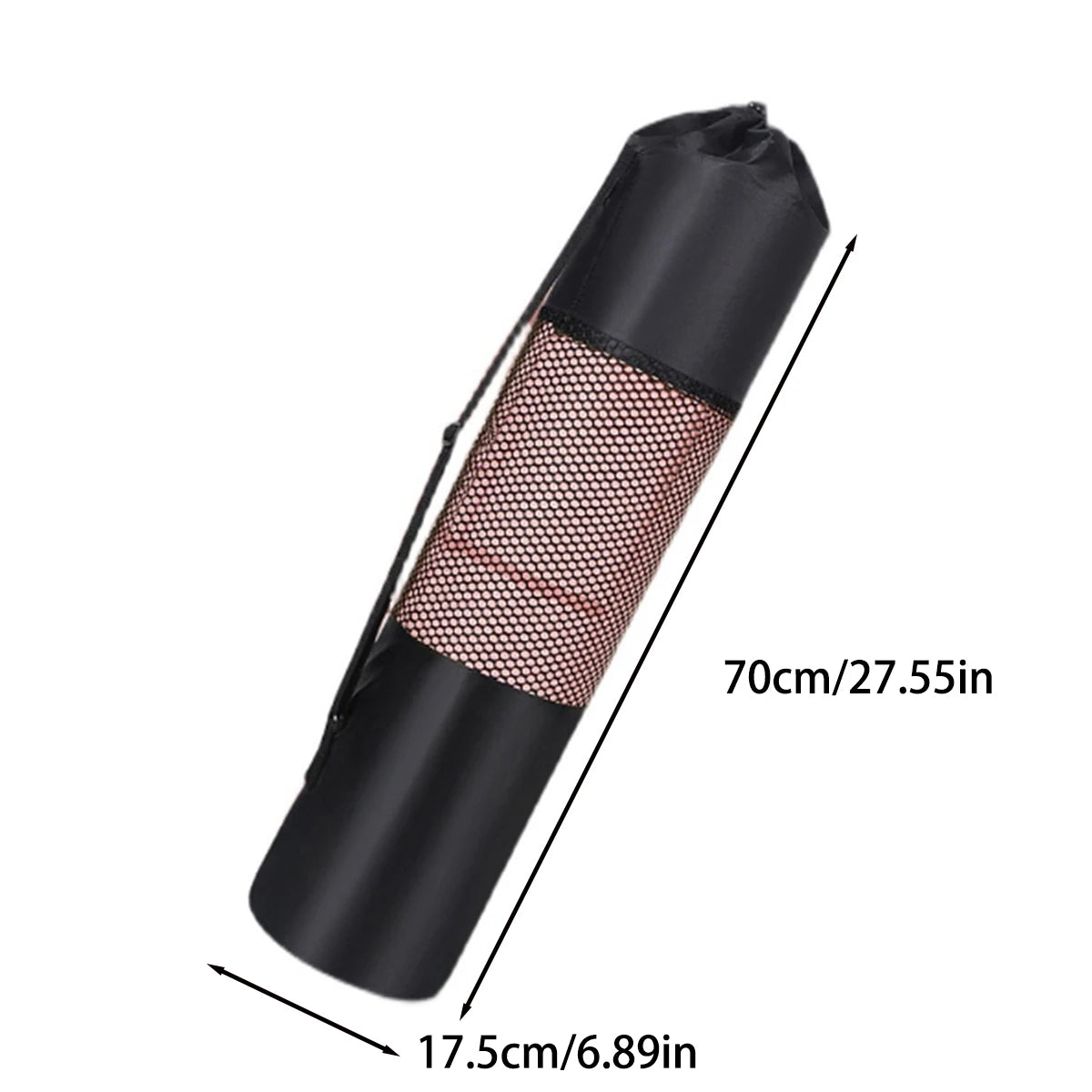 Black and pink breathable yoga mat bag by Athletic Sanctuary with drawstring closure and adjustable strap on white background.