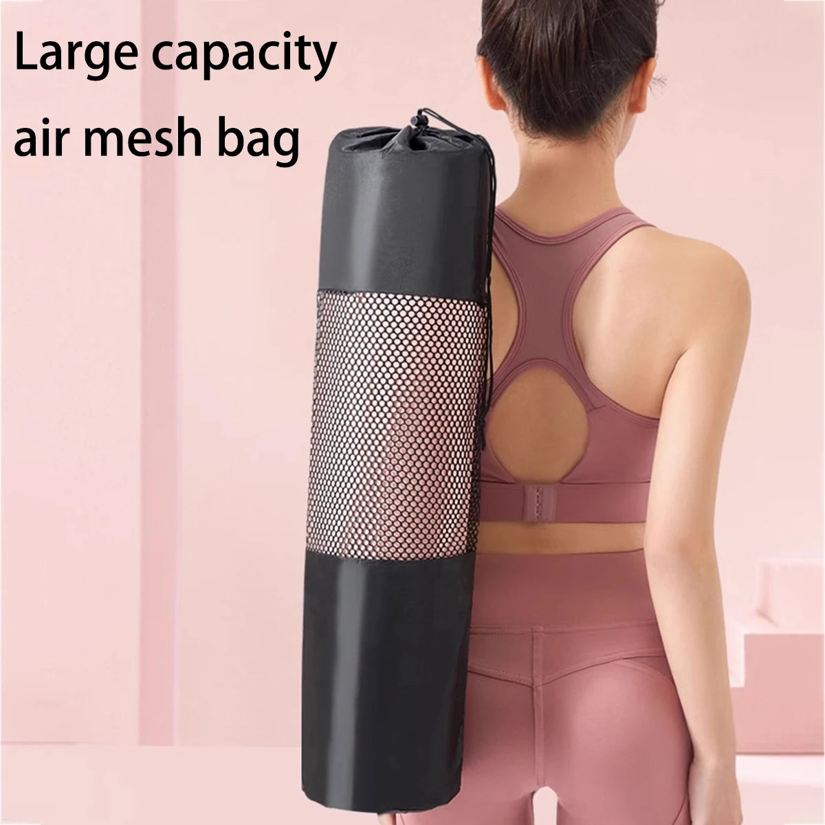 Person holding Athletic Sanctuary breathable yoga mat bag made of Oxford fabric with strap, against a pink background.