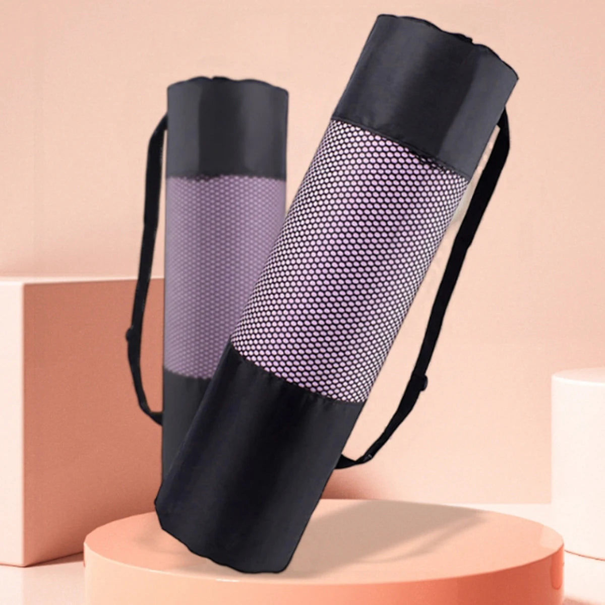 Black breathable yoga mat bag by Athletic Sanctuary with mesh side and adjustable strap, made from durable Oxford fabric.