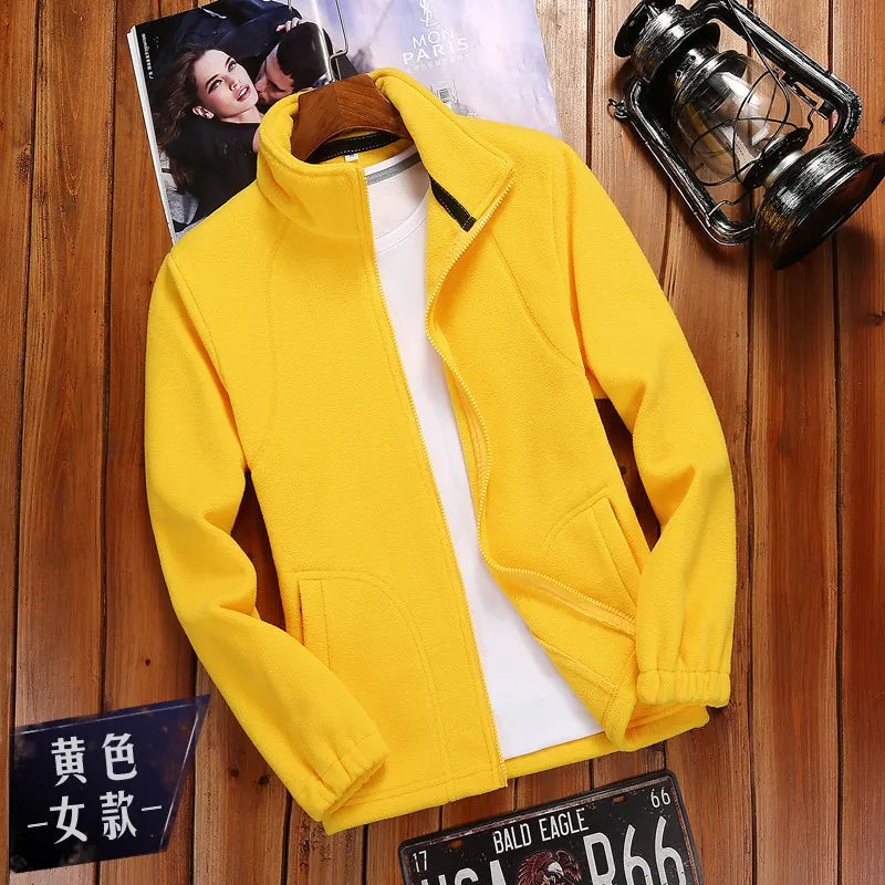Yellow women's fleece zip-up sweatshirt from Athletic Sanctuary, casual running jacket with cozy, warm fleece interior.