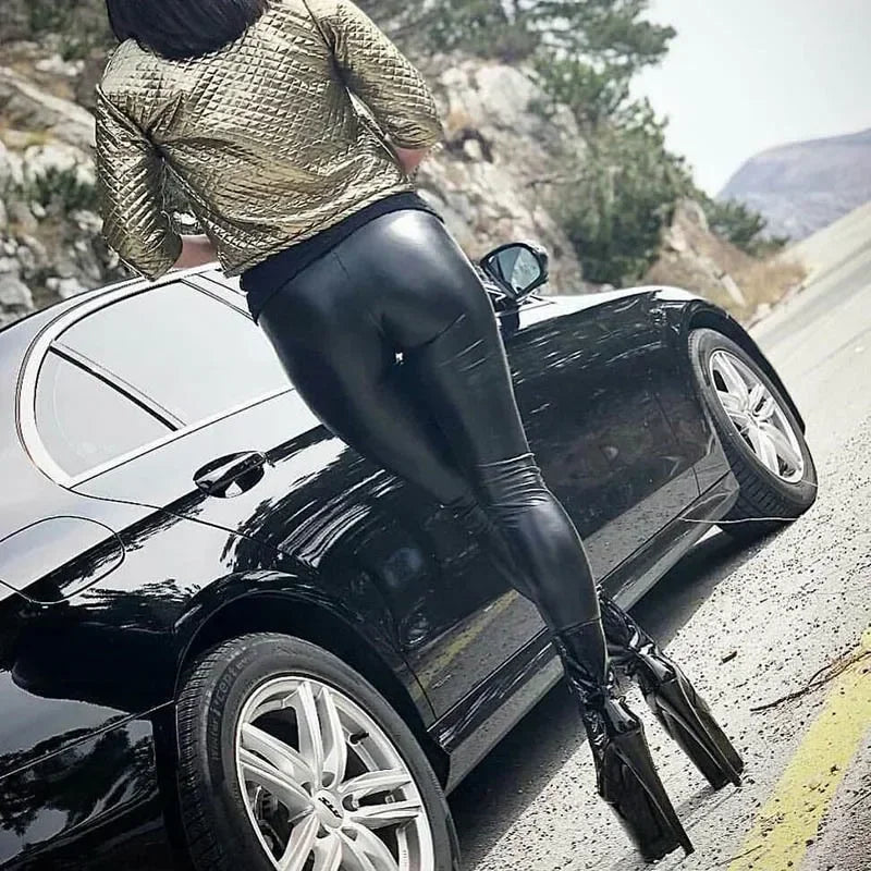 Women’s high waist PU leather leggings by Athletic Sanctuary, slim fit with hip lift design, shown in black on a model.