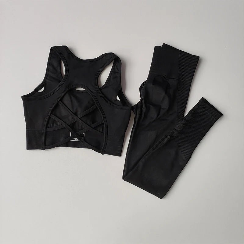 Women’s seamless gym set with high-waist booty lift leggings and sports bra by Athletic Sanctuary, shown in black.