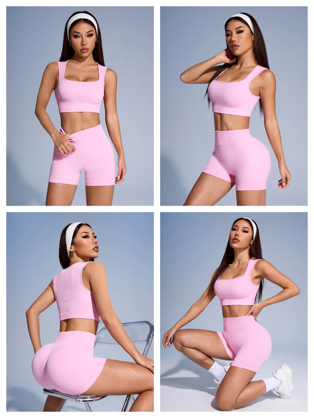 Women’s seamless ribbed workout set with crop tank and shorts from Athletic Sanctuary, featuring a fitted, stretchy design for active wear.