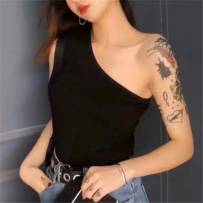 Women's one-shoulder crop top by Athletic Sanctuary, slim fit sleeveless summer tank, shown in black with stylish design.