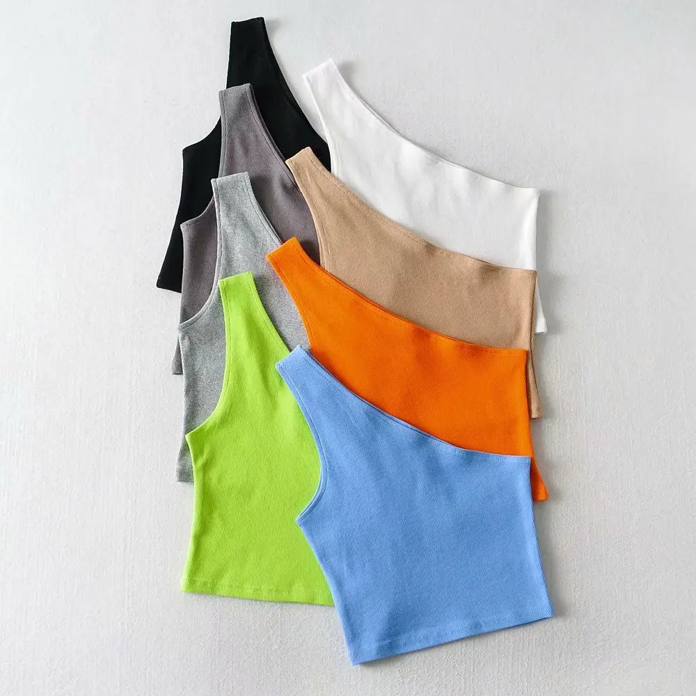 Women's one-shoulder slim fit crop top by Athletic Sanctuary, sleeveless summer tank with a stylish, modern design.