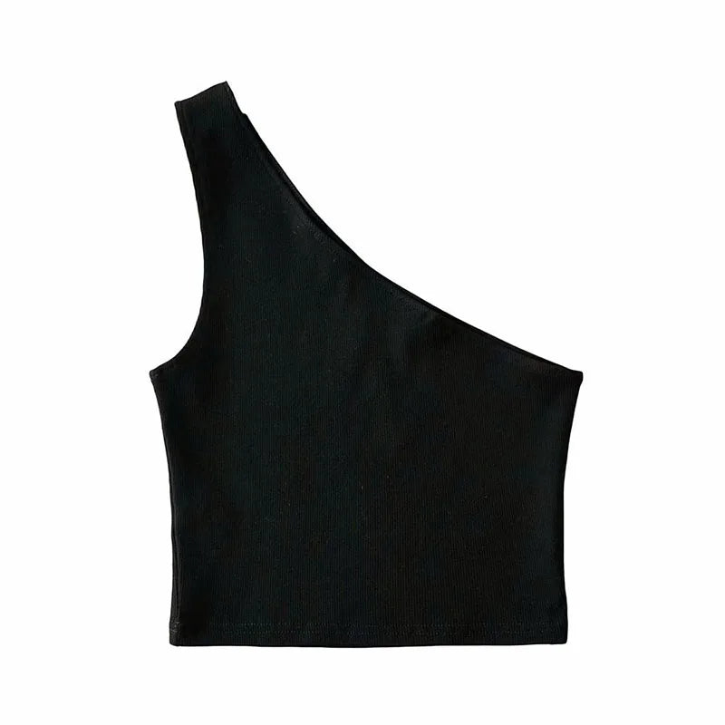 Women's one-shoulder crop top by Athletic Sanctuary, slim fit sleeveless summer tank, shown in black with stylish design.