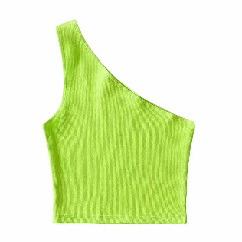Women's one-shoulder crop top by Athletic Sanctuary, slim fit sleeveless summer tank, shown in black on a white background.