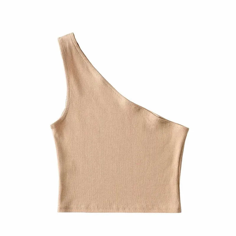 Women's one-shoulder crop top by Athletic Sanctuary, slim fit sleeveless summer tank, shown in black on a model.