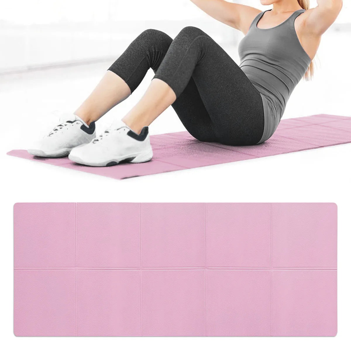 Person exercising on a pink 4mm EVA yoga mat with a pink block, demonstrating anti-slip exercise and Pilates fitness.