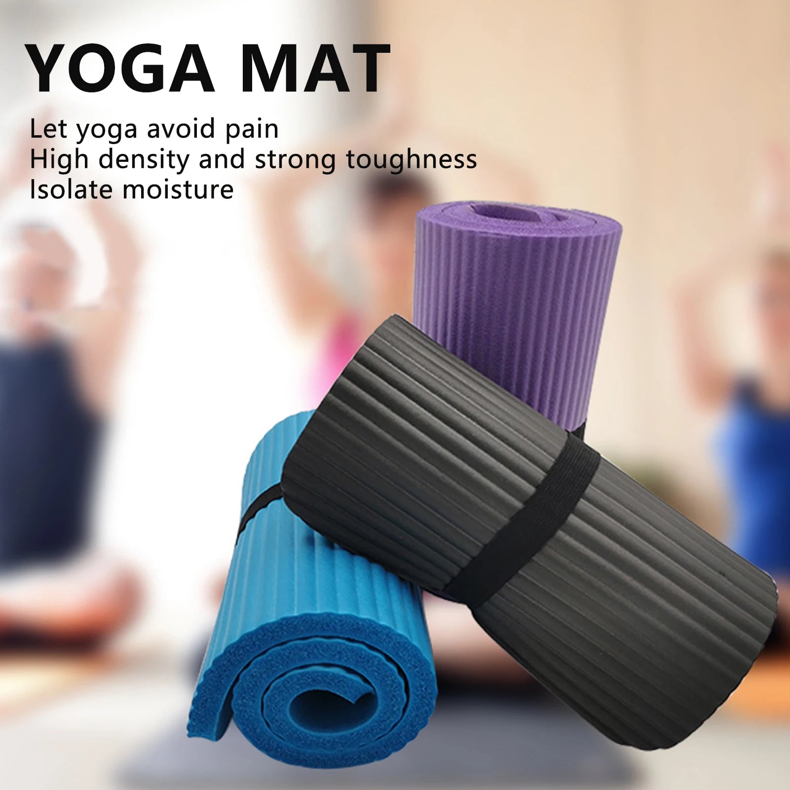 Set of three rolled-up Athletic Sanctuary mini premium yoga mats in black, blue, and purple for Pilates and stretching exercises.